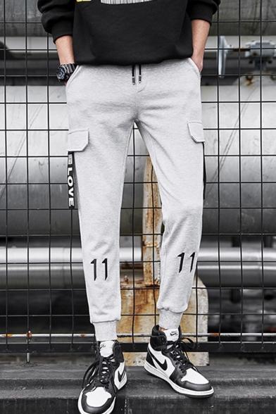 New Fashion Letter 11 Embroidery LOVE Ribbon Embellished Drawstring Waist Casual Sweatpants with Side Flap Pockets