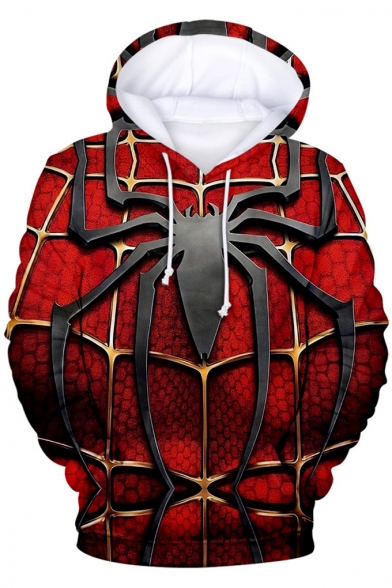 New Stylish 3D Spider Web Printed Long Sleeve Loose Casual Unisex Red Hoodie