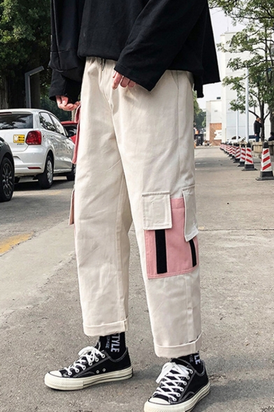New Stylish Colorblock Multi-pocket Design Cotton Straight Loose Cargo Pants for Men