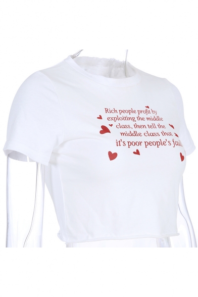 New Stylish White Letter Red Heart Printed Short Sleeve Cool Sweet Crop Tee