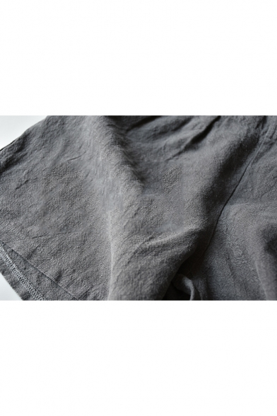New Trendy Dark Grey Simple Plain Elastic Waist Cotton and Linen Shorts