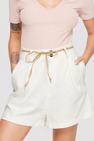 Office Lady Simple Plain Tied Waist White Casual Loose Straight Fit Shorts