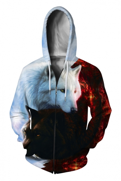 Popular 3D Fire Wolf Printing Long Sleeve Zip Front Sport Loose Unisex Hoodie