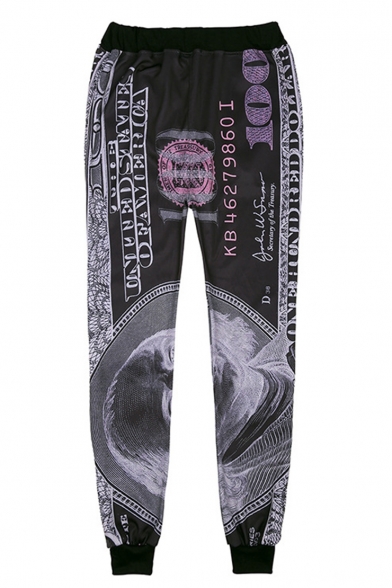 Popular Fashion Dollar Printed Drawstring Waist Black Casual Loose Sport Sweatpants