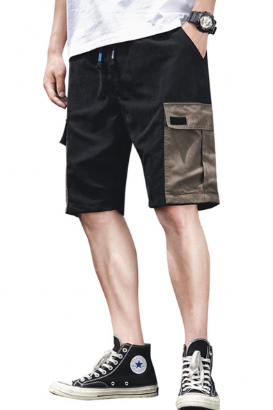 Popular Fashion Plain Contrast Flap Pocket Side Drawstring Waist Casual Cotton Cargo Shorts
