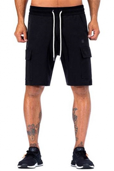 Simple Fashion Solid Color Flap Pocket Zip Pocket Drawstring Waist Sport Sweat Shorts Cargo Shorts