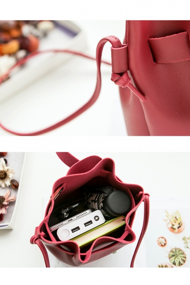 Simple Fashion Solid Color PU Leather Drawstring Bucket Bag 17*12*19 CM