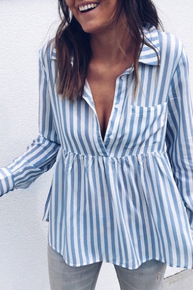 Summer Casual Loose Vertical Striped Printed Long Sleeve Button Front Shirt Blouse