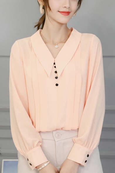 Summer Fashion Button Front Pointed Collar Long Sleeve Simple Plain Chiffon Blouse