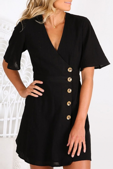 Summer Fashion Plain Surplice V-Neck Button Down Short Sleeve Mini A-Line Dress