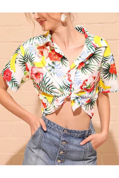 Summer Girls Holiday Fashion Tropical Leaf Print Tied Front Short Sleeve Crop Shirt