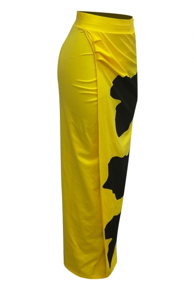 Summer Girls Hot Fashion Chic Yellow&Black Print Split Side Maxi High Waist Skirt
