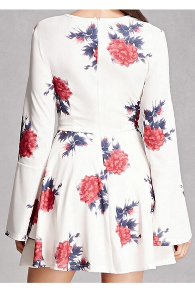 Summer Hot Fashion Cutout Tie-Front White Flare Sleeves Floral Print Mini A-Line Dress