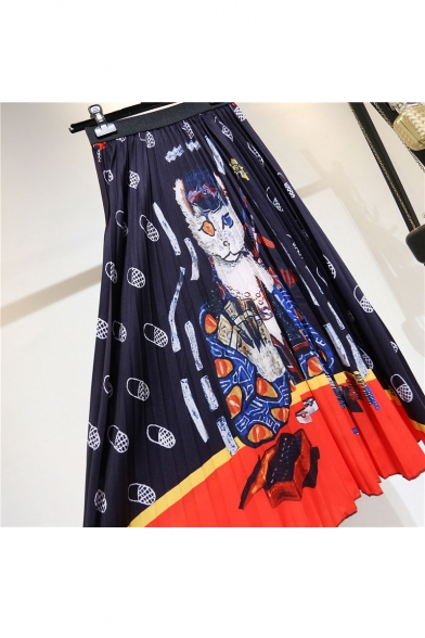 Summer Hot Trendy Cat Print Elastic Waist Colorblack Pleated A-Line Midi Leisure Skirt