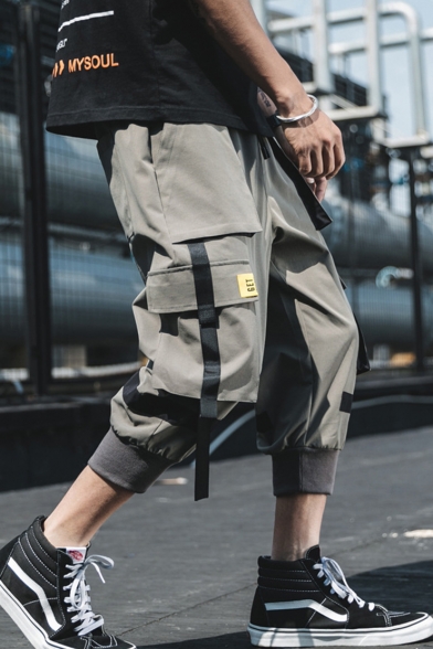 Summer New Fashion Solid Color Tape Patched Cropped Cotton Cargo Pants for Men