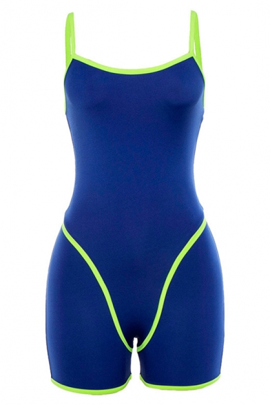 Summer New Stylish Plain Sleeveless Backless Straps Contrast Trim Buckled-Back Playsuit Romper for Yoga