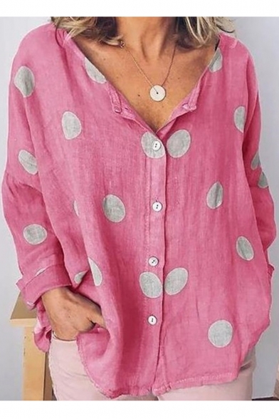 Summer New Trendy Polka Dot Printed Long Sleeve Button Down Casual Loose Blouse Shirt