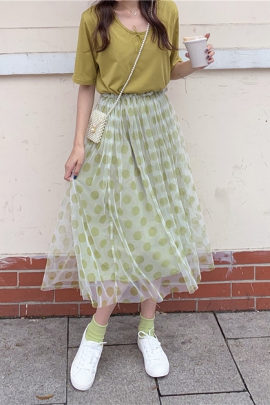 Summer Popular Green Polka Dot Printed Elasticated Waist Maxi Flared Mesh Skirt