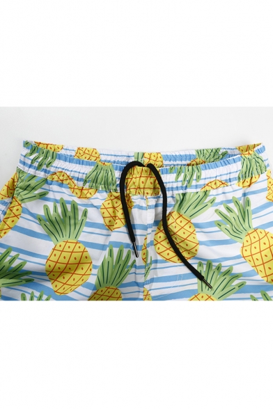 Summer Stylish Pineapple Stripe Print Quick Drying Casual Drawstring Waist Beach Shorts Swim Trunks with Pocket