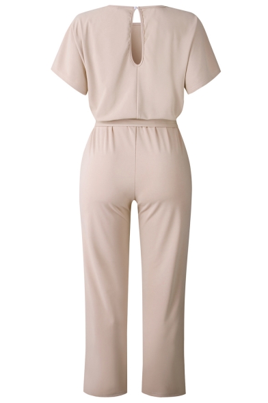Summer Stylish Plain Short Sleeve Round Neck Self Tie Waist Slim Fit Jumpsuits for Women
