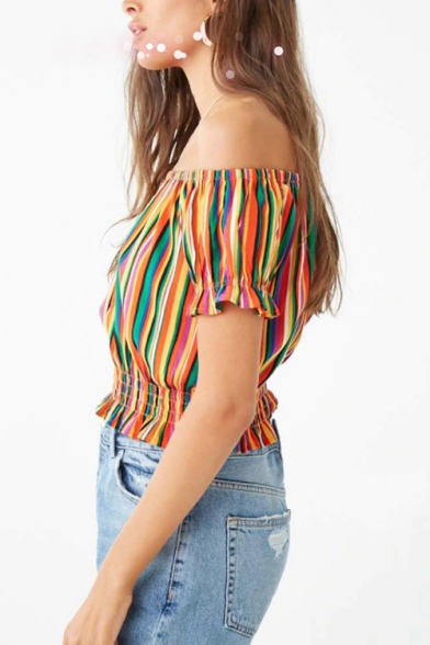 Summer Trendy Colorful Striped Printed Off the Shoulder Short Sleeve Gathered Waist Blouse Top