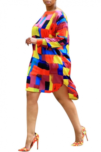 Summer Trendy Cool Colorful Color Block Round Neck Long Sleeve High Low Dress