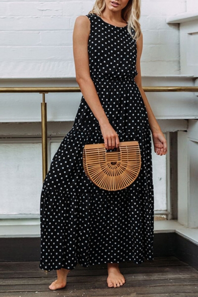 Summer Trendy Polka Dot Pattern Round Neck Sleeveless Maxi Tank Dress