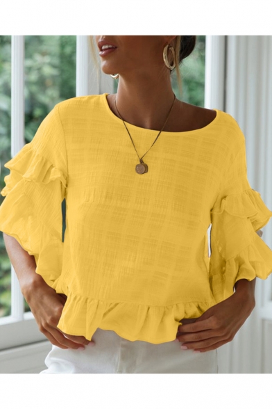 Summer Trendy Simple Plain Round Neck Layer Ruffle Flared Sleeve Loose Blouse Top