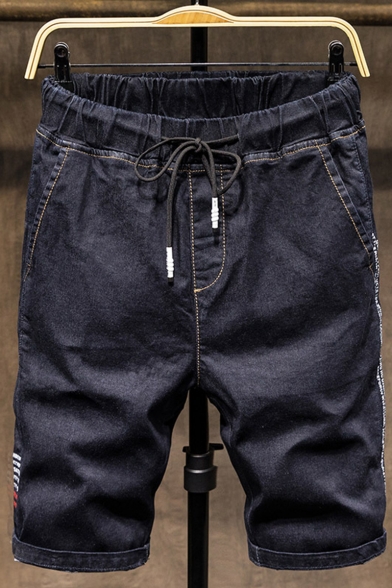 Summer Trendy Welt Back Pockets Drawstring Waist Letter Printed Side Casual Denim Shorts for Men