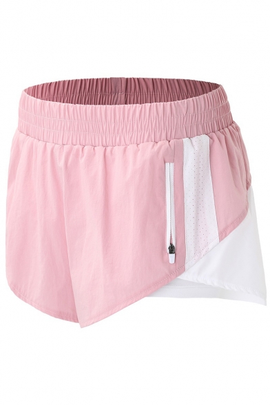 Summer Womens Stylish Colorblock Elastic Waist Zipper Side Training Sport Shorts