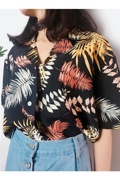 Summer Womens Vintage Tropical Leaf Printed Lapel Collar Short Sleeve Button Down Holiday Hawaiian Shirt