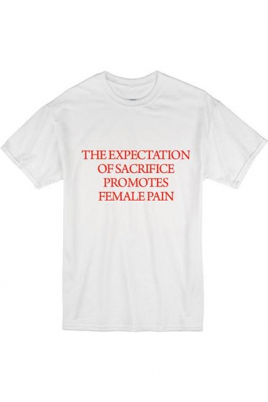 THE EXPECTATION Red Letter Print Round Neck Short Sleeve White Tee