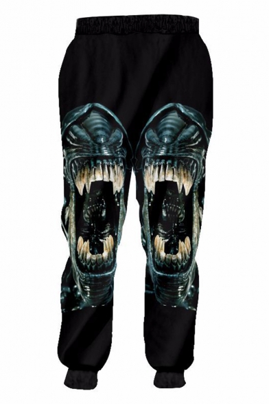 Trendy 3D Demon Printed Drawstring Waist Men's Black Polyester Sport Casual Joggers Sweatpants