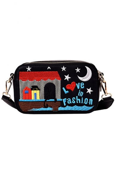 Trendy Letter LOVE IN FASHION House Stars Moon Embroidery Pattern Striped Strap Zipper Crossbody Shoulder Bag 19*11*7 CM