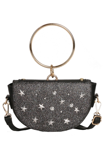Trendy Plain Rivet Stars Embellishment Ring Handle Sequin Crossbody Saddle Bag Handbag 23*14*5 CM