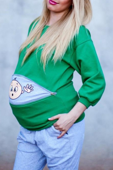 Trendy Pregnant Women Zipper Cartoon Print Round Neck Long Sleeve Plus Size Sweatshirt
