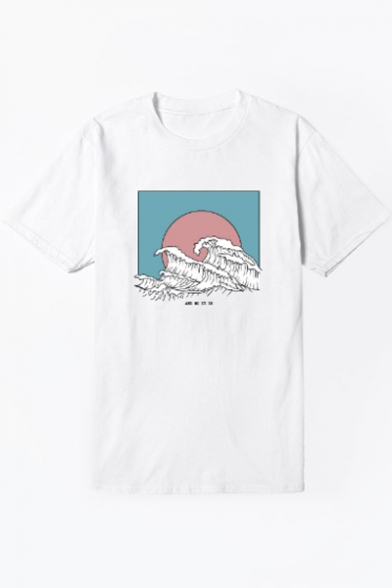 Trendy Sea Wave Printed Basic Round Neck Short Sleeve White T-Shirt