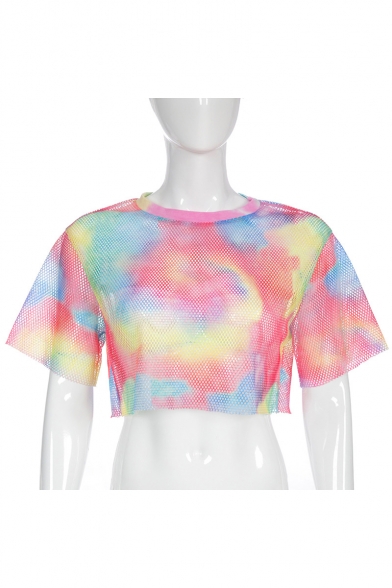 Trendy Unique Colorful Painting Round Neck Hollow Out Mesh Cropped Tee