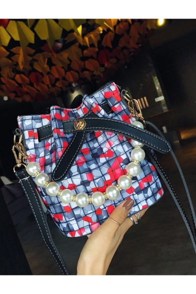 Women's Fashion Geometric Plaid Pattern Pearl Handle Drawstring Bucket Bag 16*13*18 CM