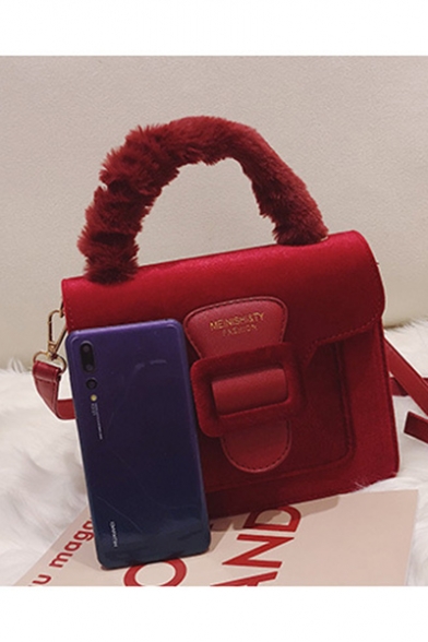 Women's Fashion Solid Color Plush Handle Belt Buckle Velvet Crossbody Satchel Handbag 21.5*15.5*8.5 CM
