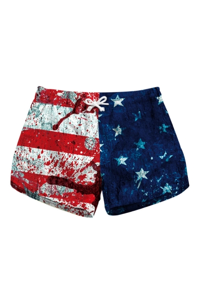Womens Cool Blood Star Stripe Flag Printed Drawstring Waist Quick Dry Beach Shorts Swimwear