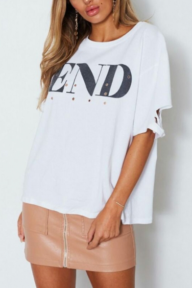 Womens Cool Hollow Letter END Print Ripped Short Sleeve White Oversized T-Shirt
