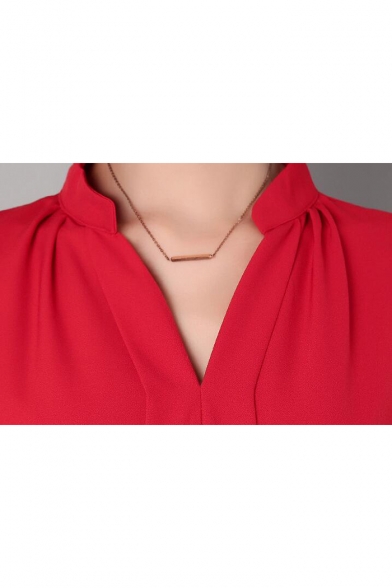 Womens Elegant Solid Color V-Neck Long Sleeve Simple Plain Chiffon Blouse Top