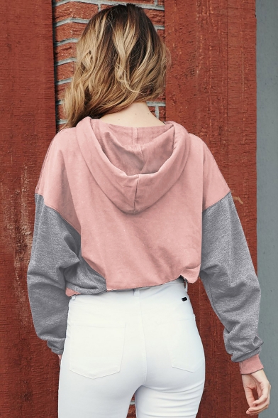 Womens Fashion Colorblock Long Sleeve Loose Leisure Cropped Hoodie