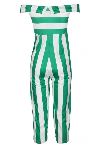 Womens Fashion Fancy Off Shoulder Green and White Striped Print Bustier Romper