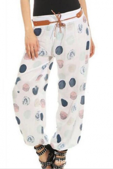 Womens Fashion Fancy Polka Dot Print Tie-Waist Loose Bloomers Pants