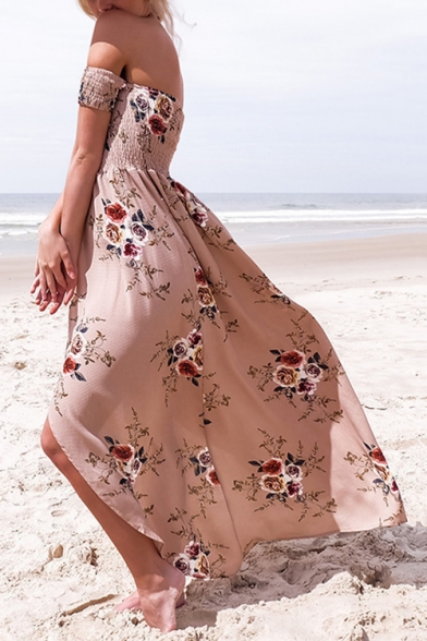 Womens Holiday Fancy Floral Printed Sexy Off the Shoulder Short Sleeve Split Front Maxi Beach Dress