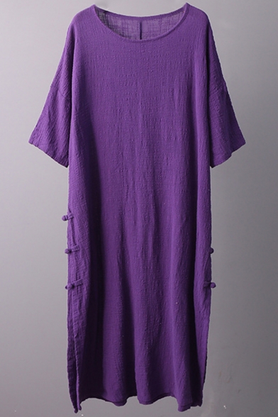Womens Hot Fashion Vintage Plain Frog Button Side Half Sleeve Loose Maxi Linen T-Shirt Dress