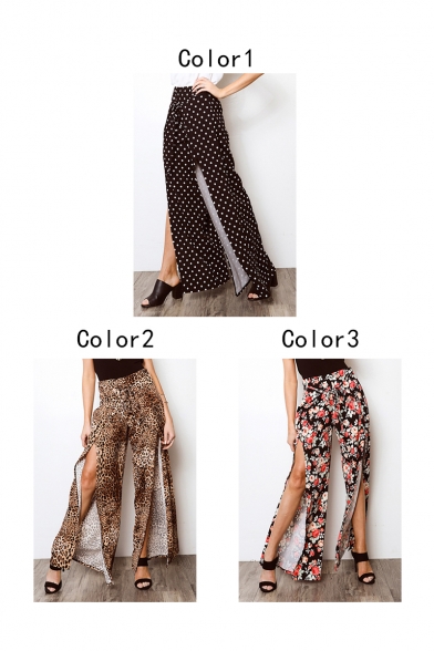 Womens Hot Popular Printed Slit Side Casual Loose Wide Leg Flared Pants