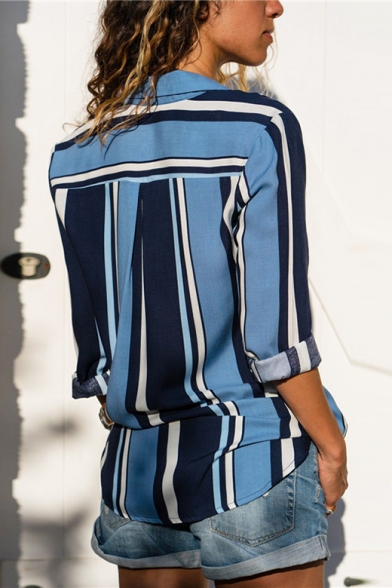 Womens Hot Popular Vertical Stripe Print Long Sleeve Chiffon Button Shirt